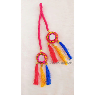 Pink / Blue Braid With Pink / Green, Yellow and Blue Tassels with Mirror Embellishments,Bohemian Tassels